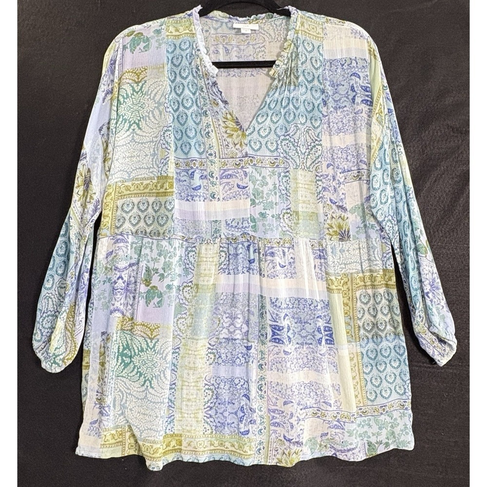 J JILL Women Patchwork Print V Neck Pullover Lightweight Blouse Sz M Blue 10a-5